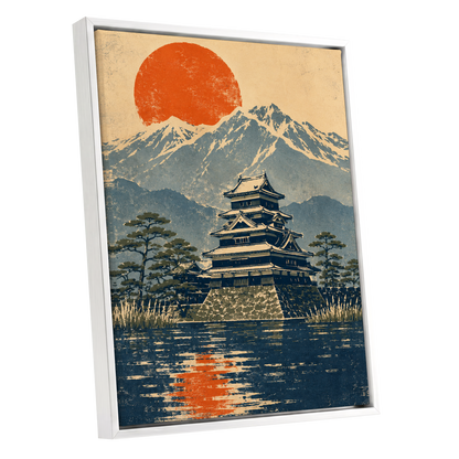 Castle Beneath the Ember Sun, beige, blue, orange nature wall art shown as a white framed canvas wall art