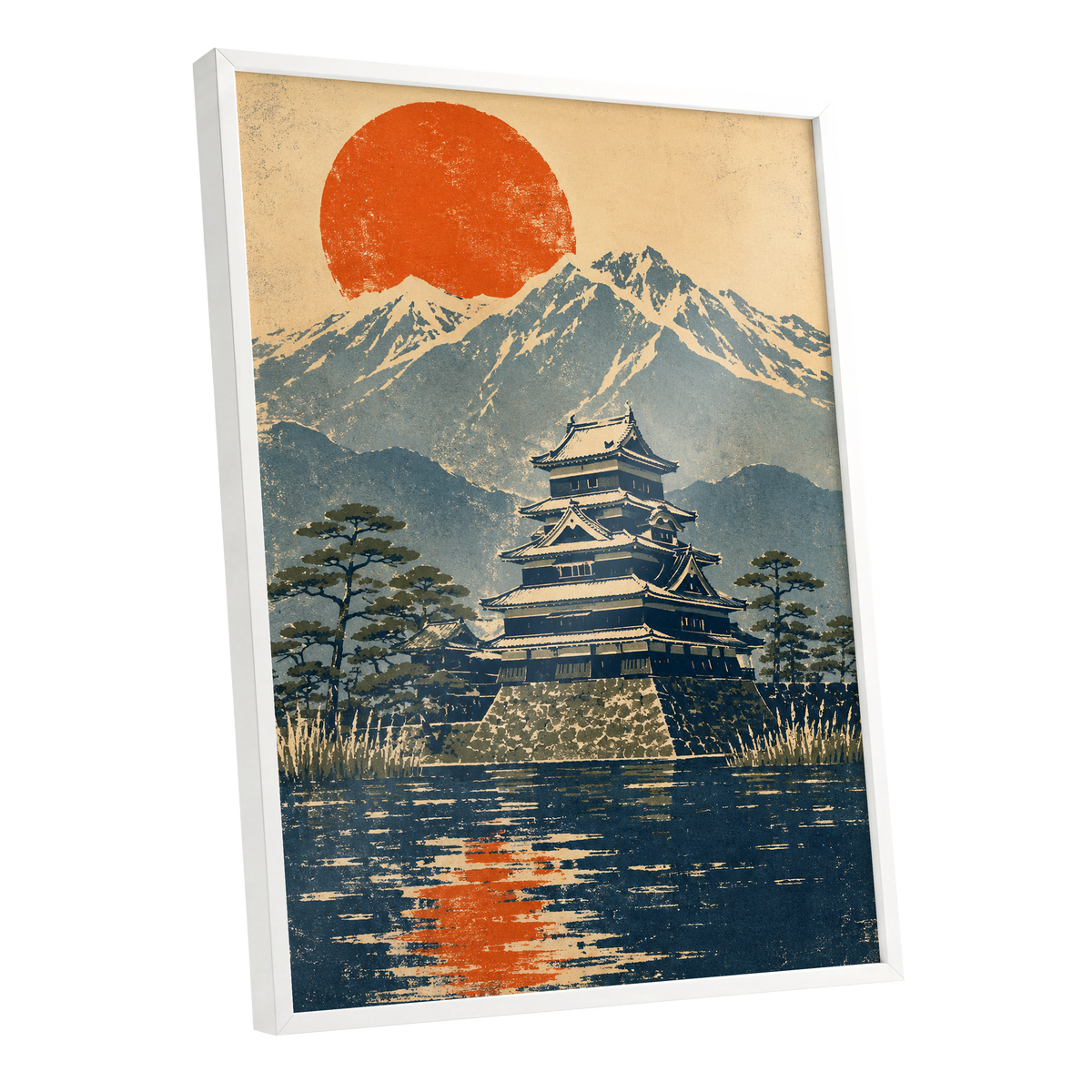 Castle Beneath the Ember Sun, beige, blue, orange nature wall art shown as a white framed poster wall art print