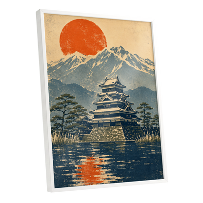 Castle Beneath the Ember Sun, beige, blue, orange nature wall art shown as a white framed poster wall art print