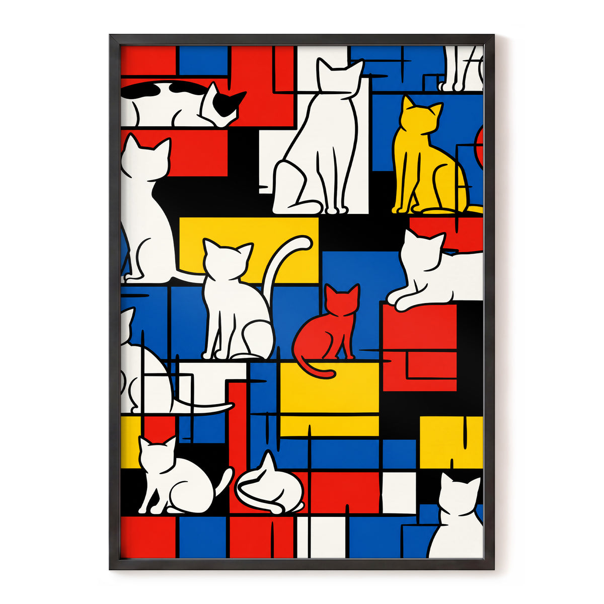 Cats in Primary Rhythm, black, blue, red abstract wall art, front artwork view