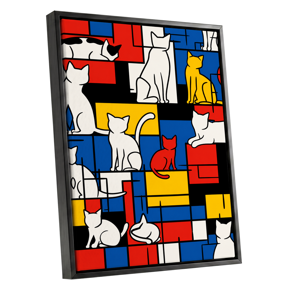 Cats in Primary Rhythm, black, blue, red abstract wall art shown as a black framed canvas wall art