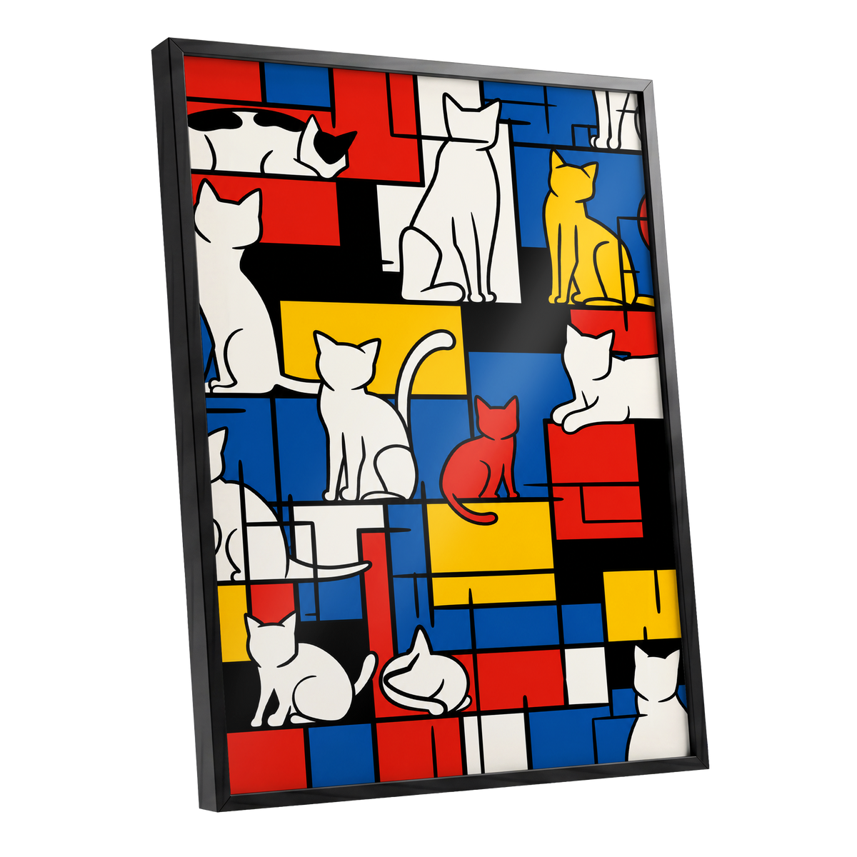 Cats in Primary Rhythm, black, blue, red abstract wall art shown as a black framed poster wall art print