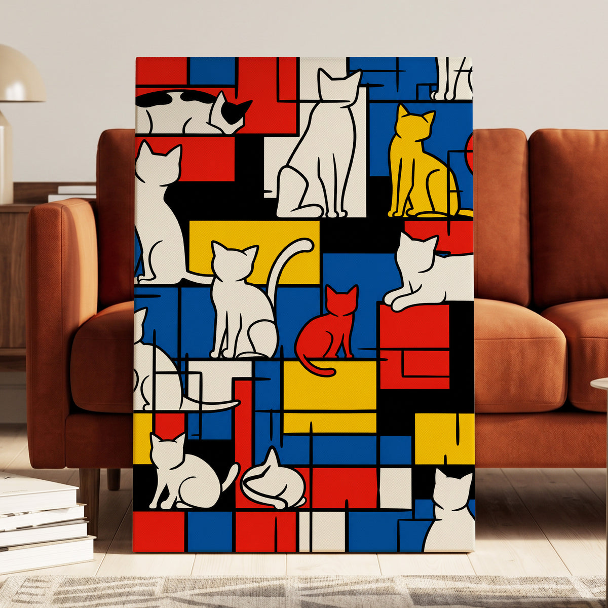 Cats in Primary Rhythm, black, blue, red abstract wall art on canvas displayed in a styled interior, gallery view 1