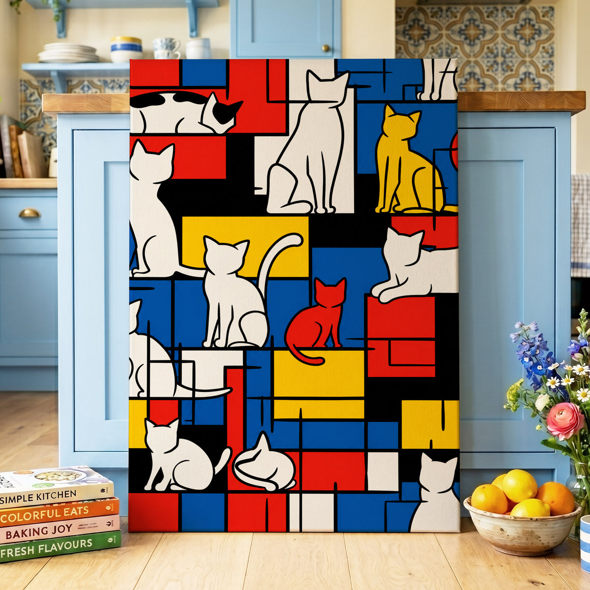Cats in Primary Rhythm, black, blue, red abstract wall art on canvas displayed in a styled interior, gallery view 2