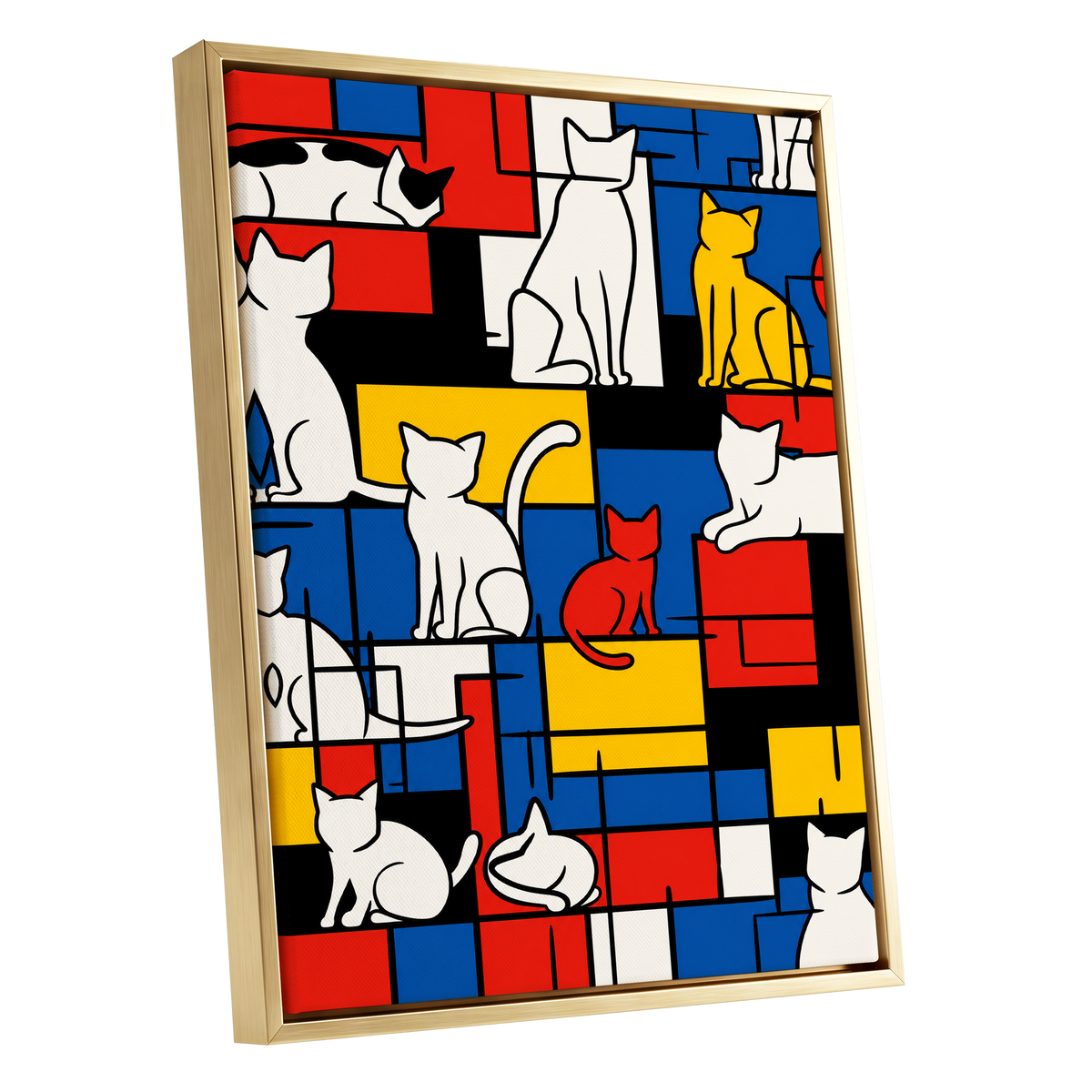 Cats in Primary Rhythm, black, blue, red abstract wall art shown as a gold framed canvas wall art