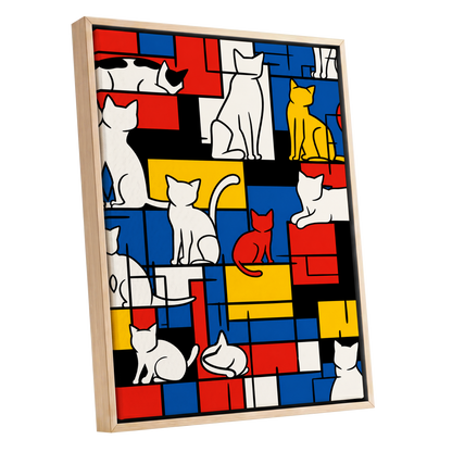 Cats in Primary Rhythm, black, blue, red abstract wall art shown as a oak framed canvas wall art