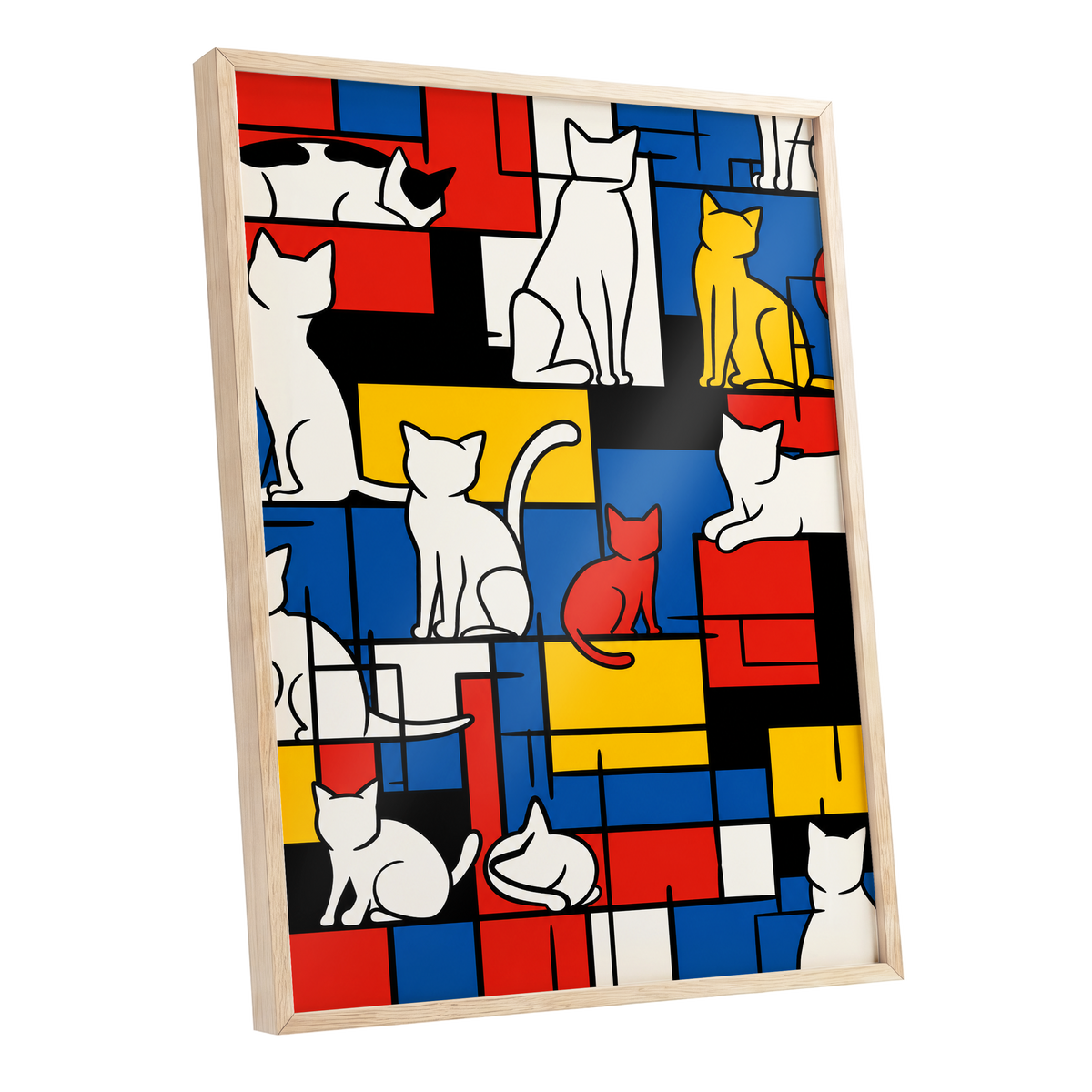Cats in Primary Rhythm, black, blue, red abstract wall art shown as a oak framed poster wall art print
