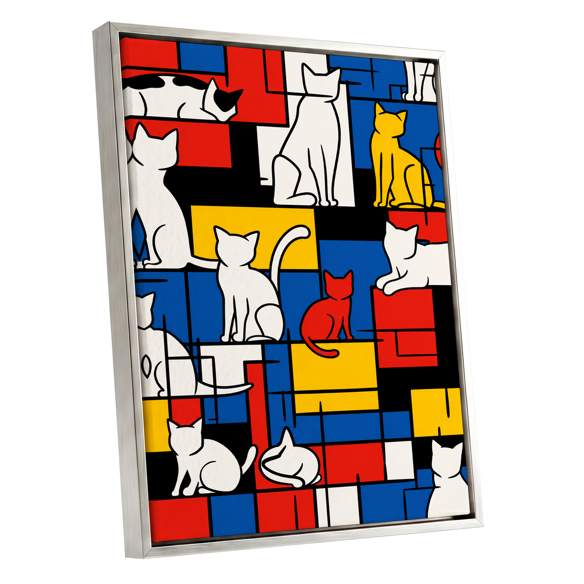 Cats in Primary Rhythm, black, blue, red abstract wall art shown as a silver framed canvas wall art