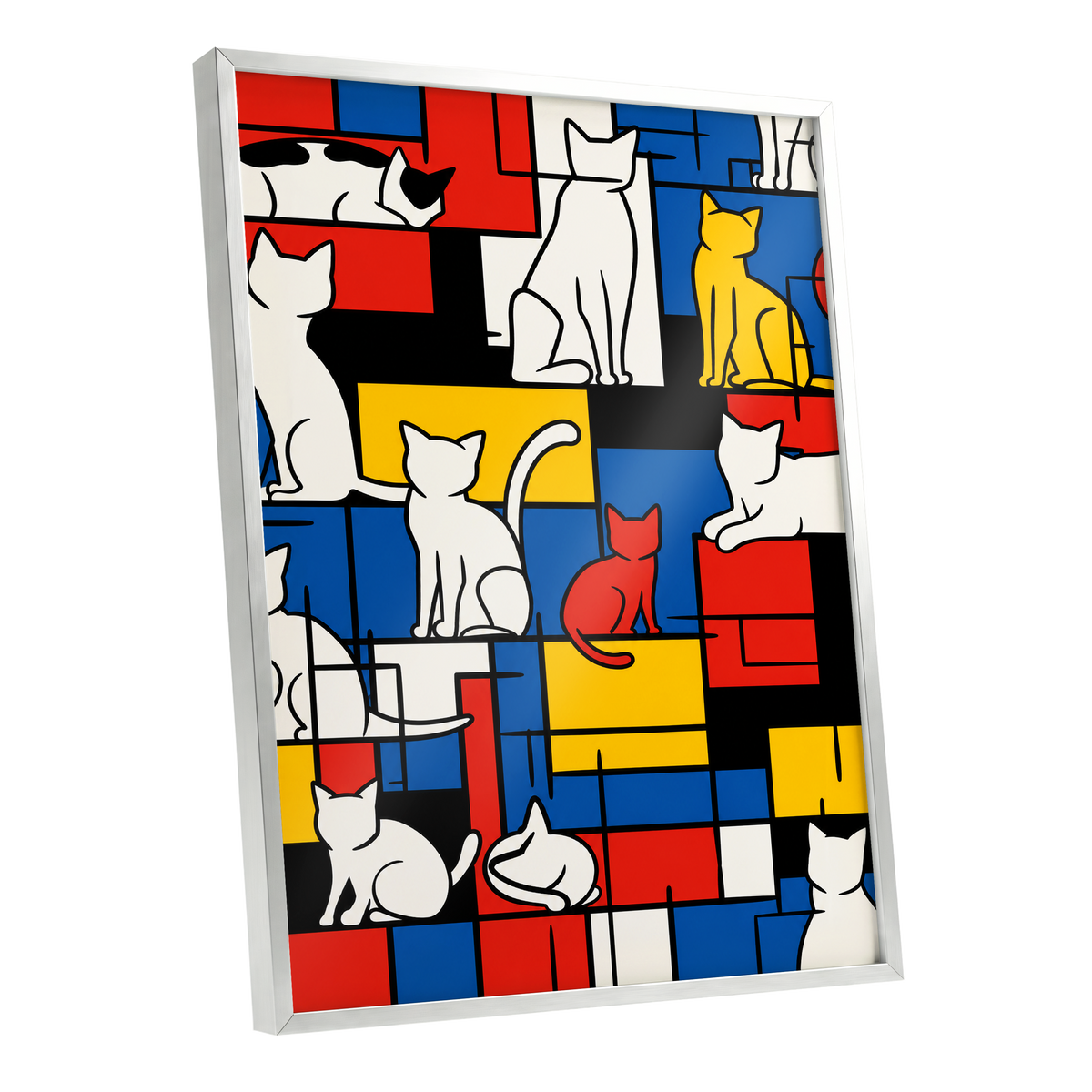 Cats in Primary Rhythm, black, blue, red abstract wall art shown as a silver framed poster wall art print