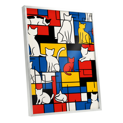 Cats in Primary Rhythm, black, blue, red abstract wall art shown as a silver framed poster wall art print