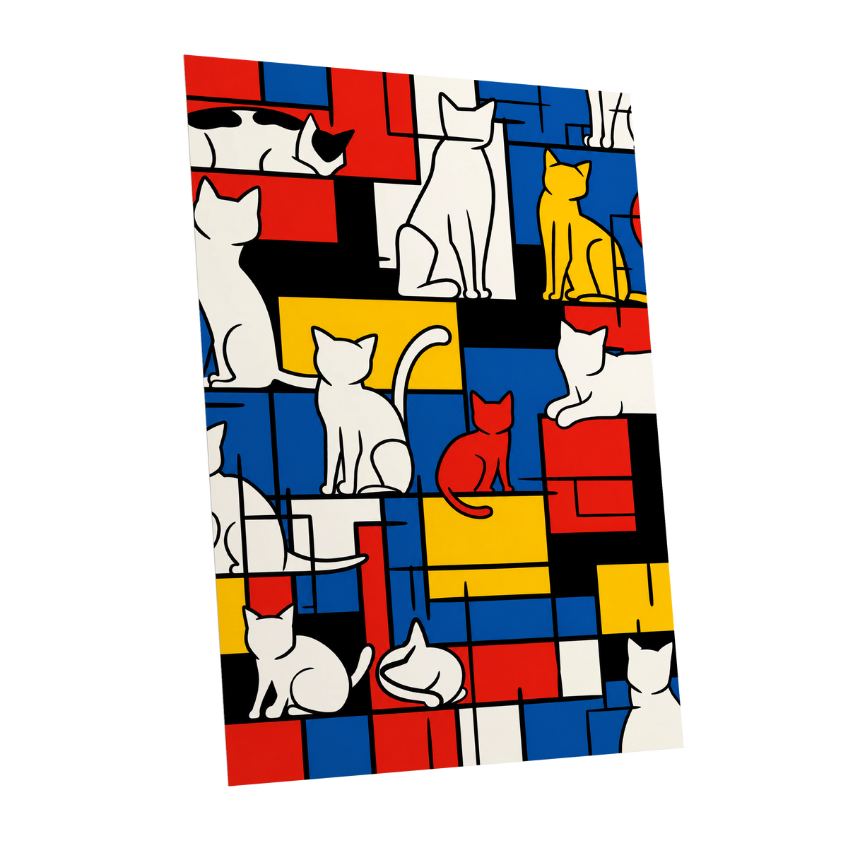 Cats in Primary Rhythm, black, blue, red abstract wall art shown as a unframed poster wall art print