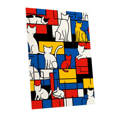 Cats in Primary Rhythm, black, blue, red abstract wall art shown as a unframed poster wall art print