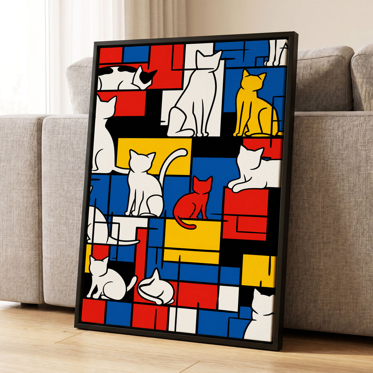 Cats in Primary Rhythm, black, blue, red abstract wall art displayed in a styled interior, gallery view 1
