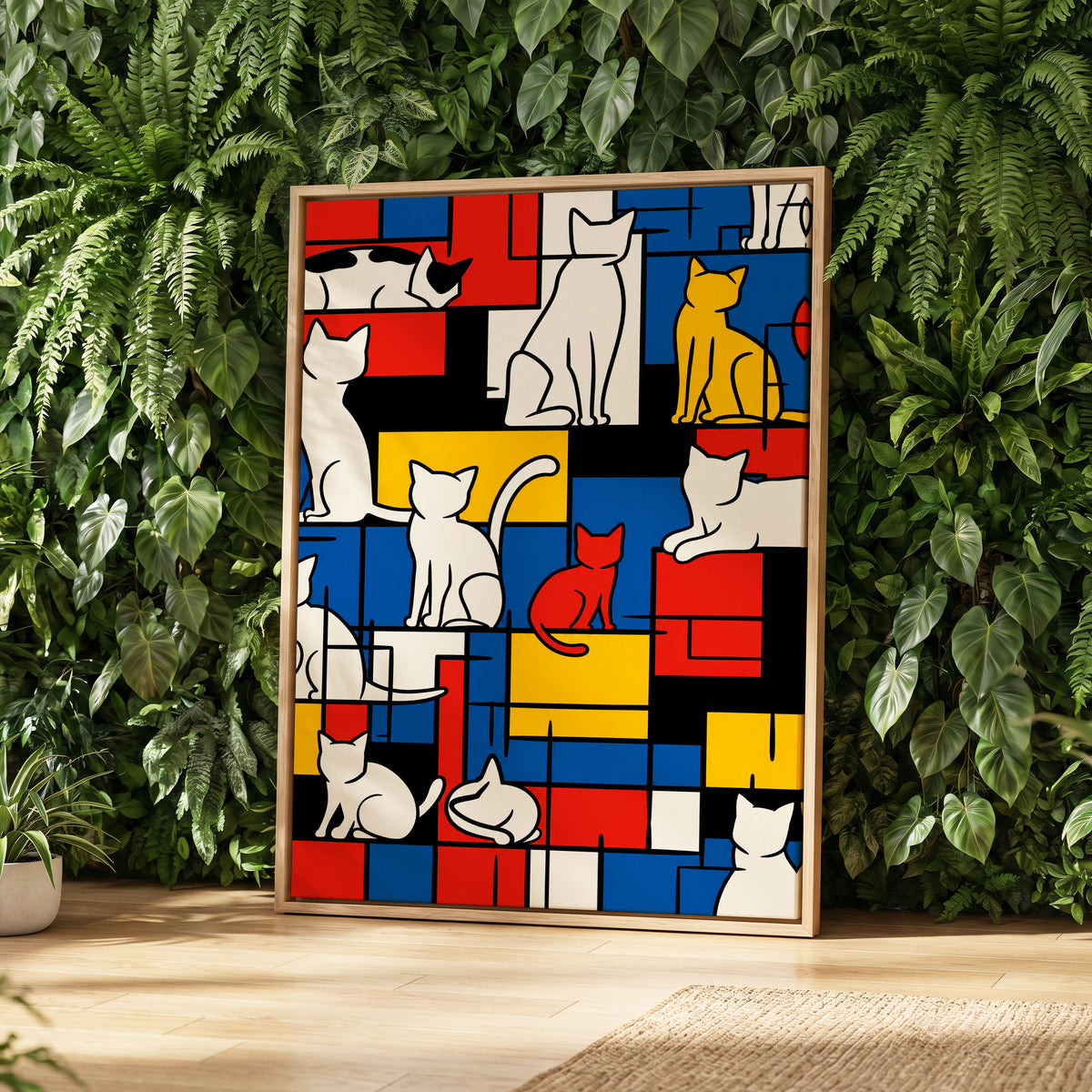 Cats in Primary Rhythm, black, blue, red abstract wall art displayed in a styled interior, gallery view 2
