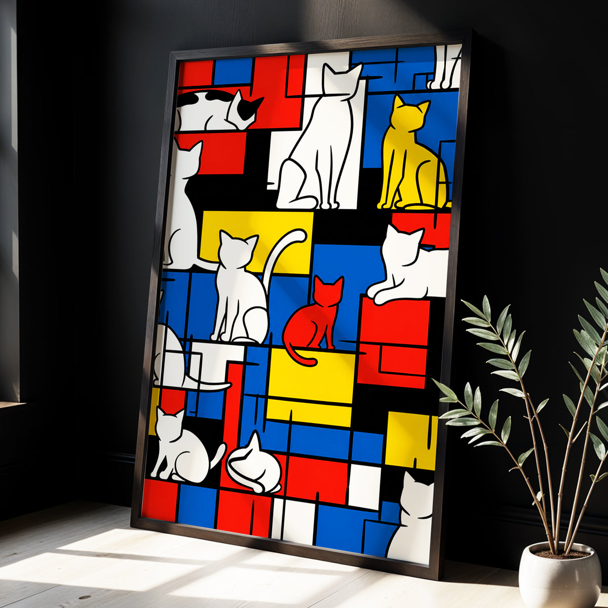 Cats in Primary Rhythm, black, blue, red abstract wall art displayed in a styled interior, gallery view 3