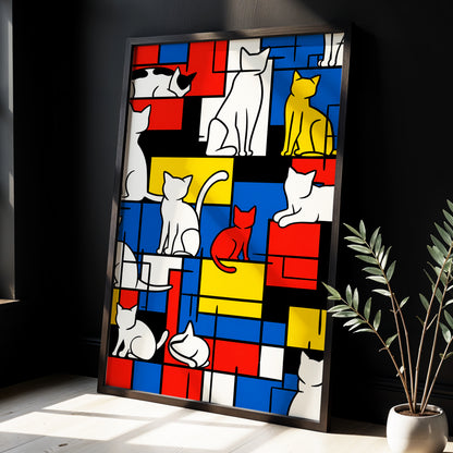 Cats in Primary Rhythm, black, blue, red abstract wall art displayed in a styled interior, gallery view 3
