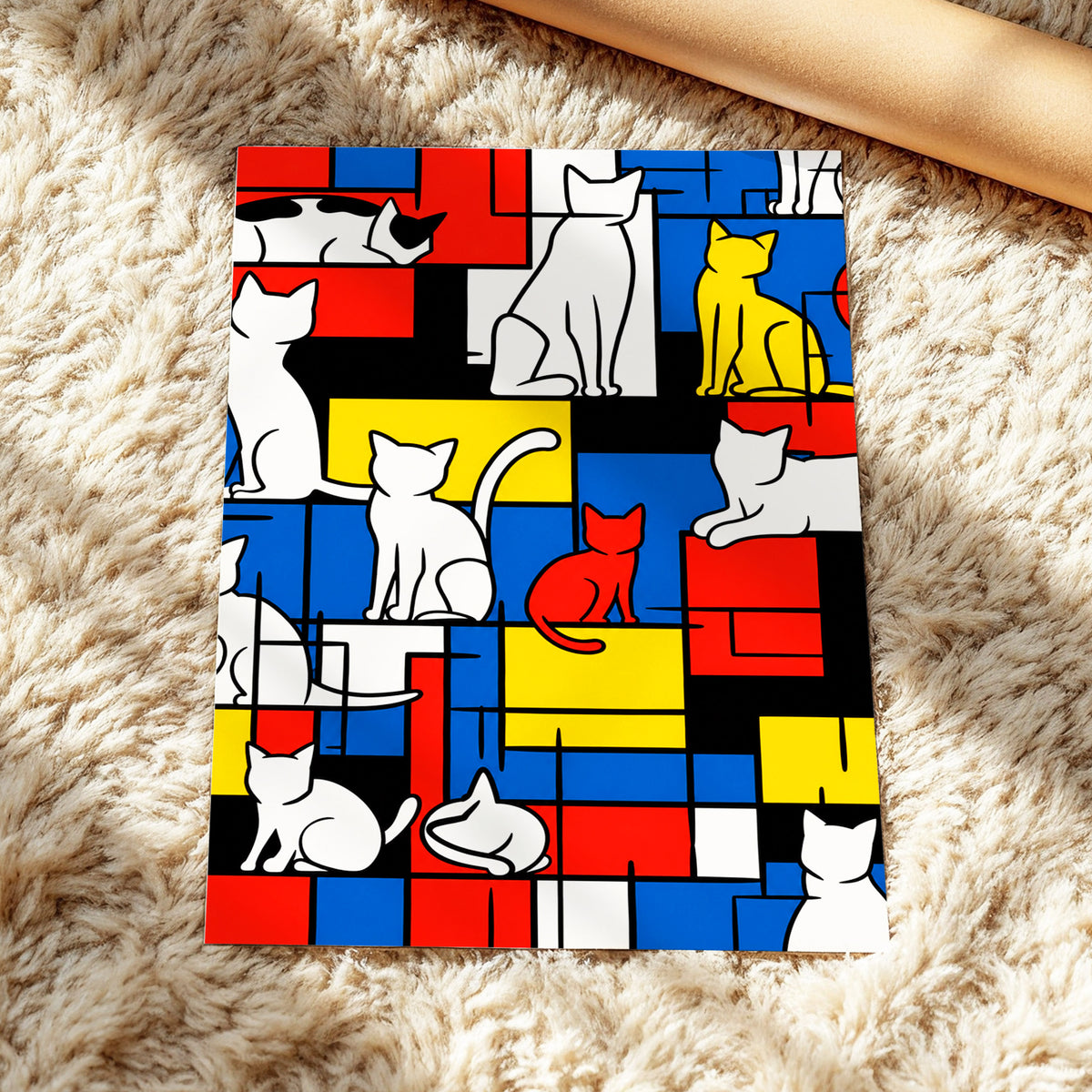 Cats in Primary Rhythm, black, blue, red abstract wall art displayed in a styled interior, gallery view 4