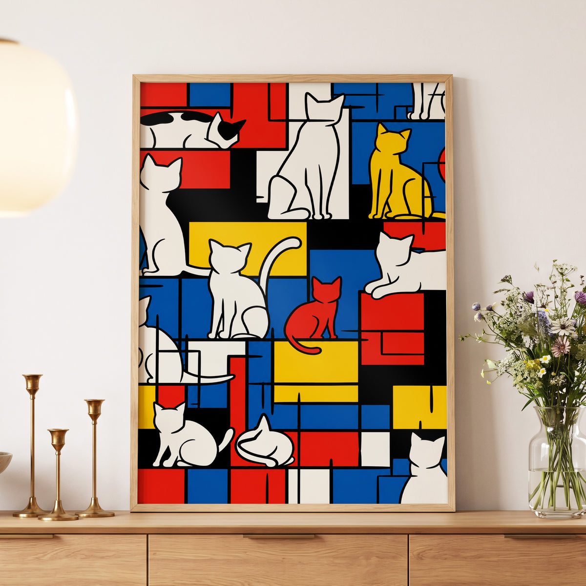 Cats in Primary Rhythm, black, blue, red abstract wall art displayed in a styled interior, gallery view 5
