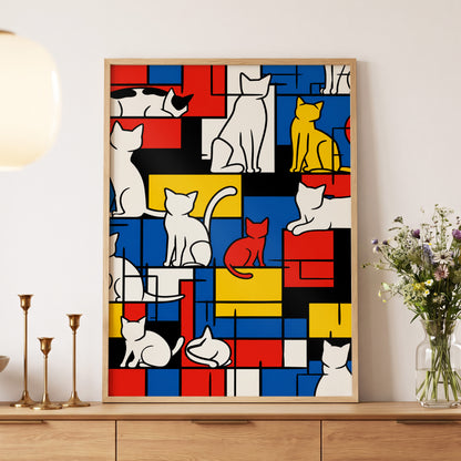 Cats in Primary Rhythm, black, blue, red abstract wall art displayed in a styled interior, gallery view 5