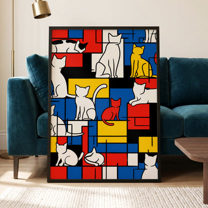 Cats in Primary Rhythm, black, blue, red abstract wall art displayed in a styled interior, gallery view 6