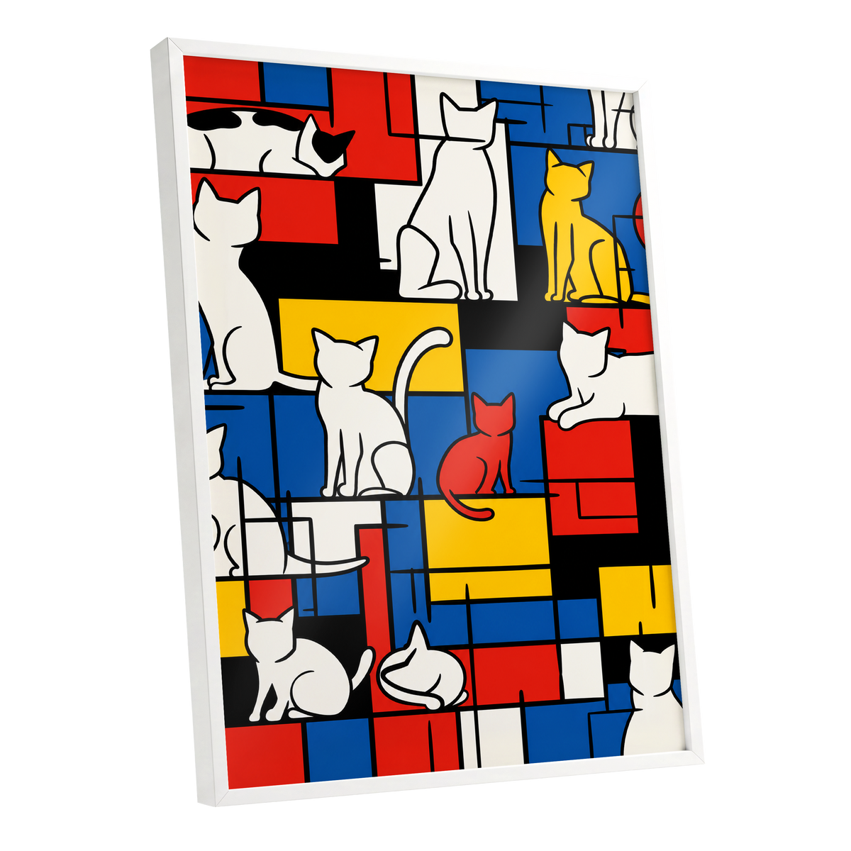 Cats in Primary Rhythm, black, blue, red abstract wall art shown as a white framed poster wall art print