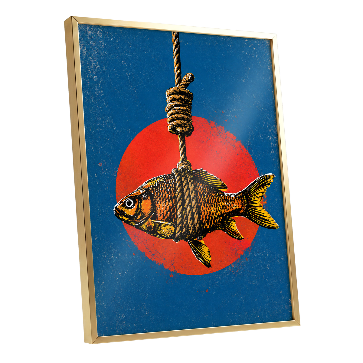 Caught in Colour, blue, red, orange nature wall art shown as a gold framed poster wall art print