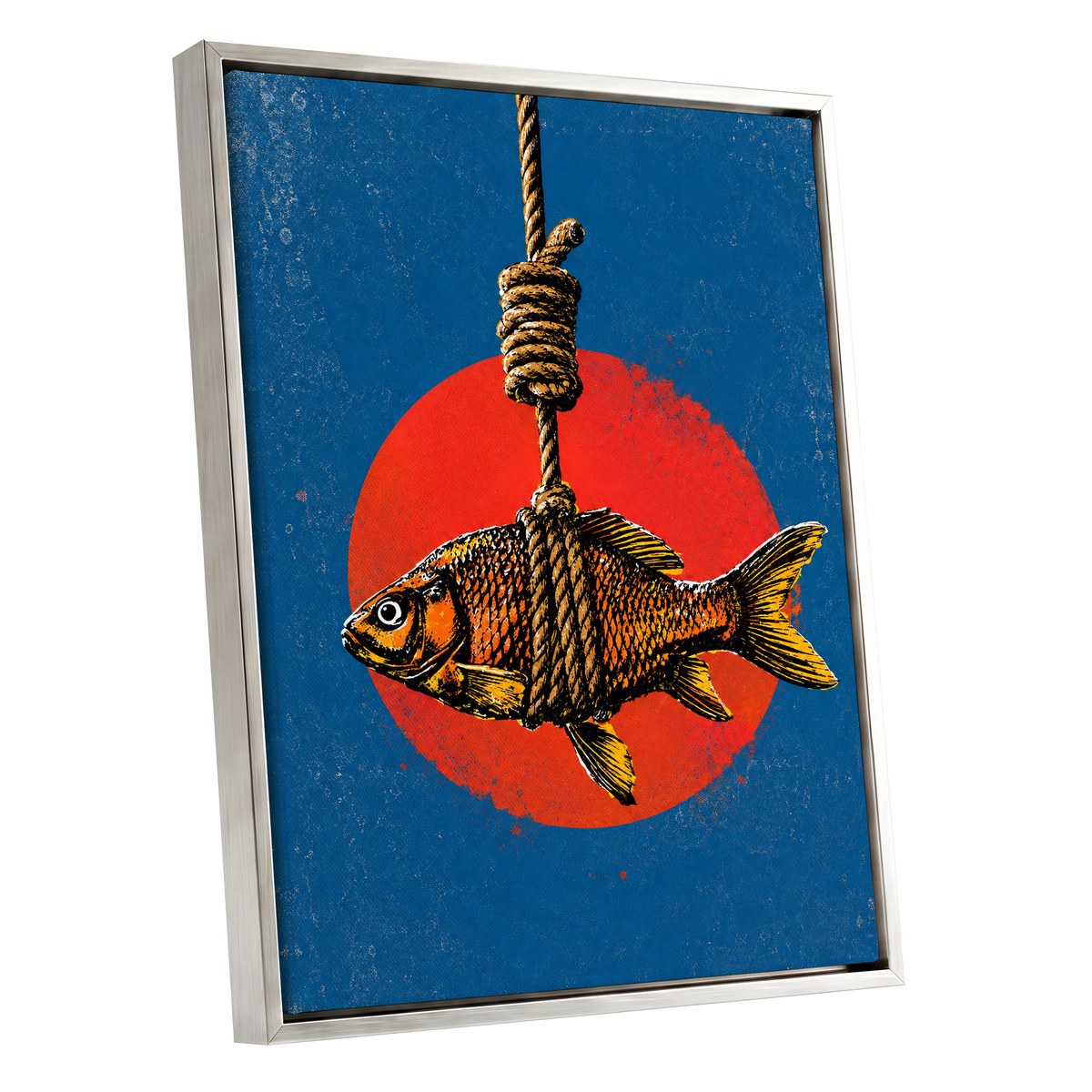 Caught in Colour, blue, red, orange nature wall art shown as a silver framed canvas wall art