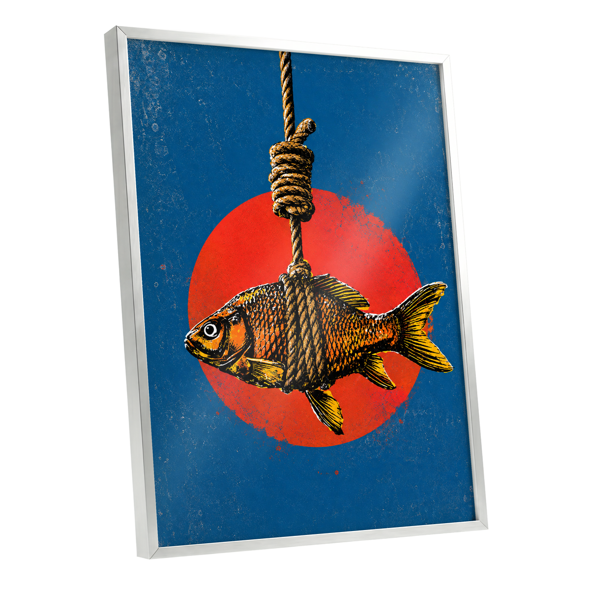 Caught in Colour, blue, red, orange nature wall art shown as a silver framed poster wall art print