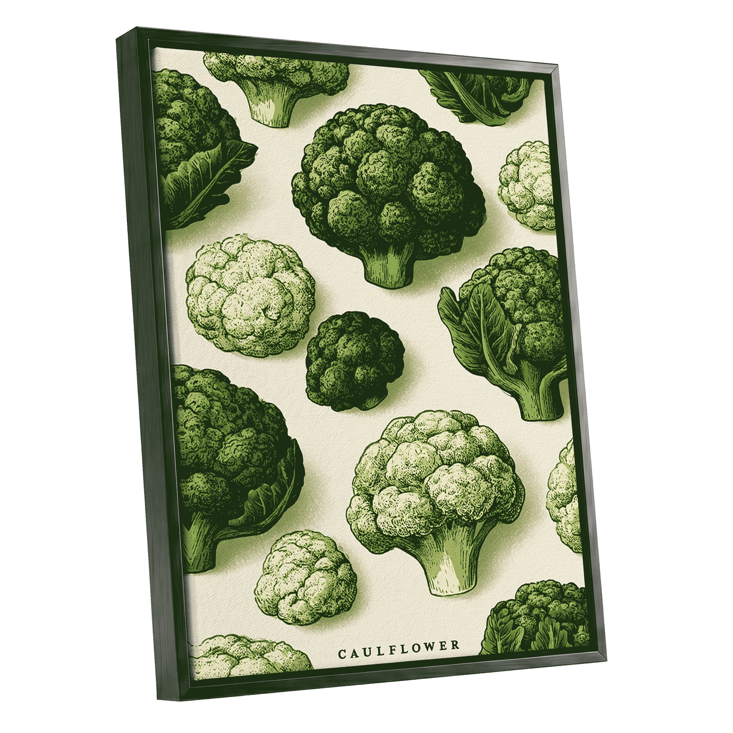 Cauliflower Study, green, beige, white nature wall art shown as a black framed canvas wall art