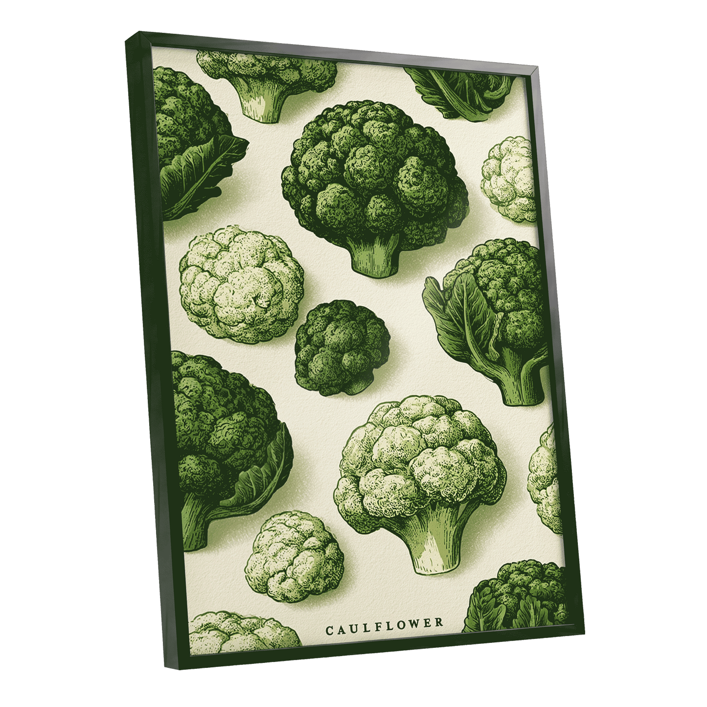 Cauliflower Study, green, beige, white nature wall art shown as a black framed poster wall art print