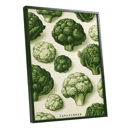 Cauliflower Study, green, beige, white nature wall art shown as a black framed poster wall art print