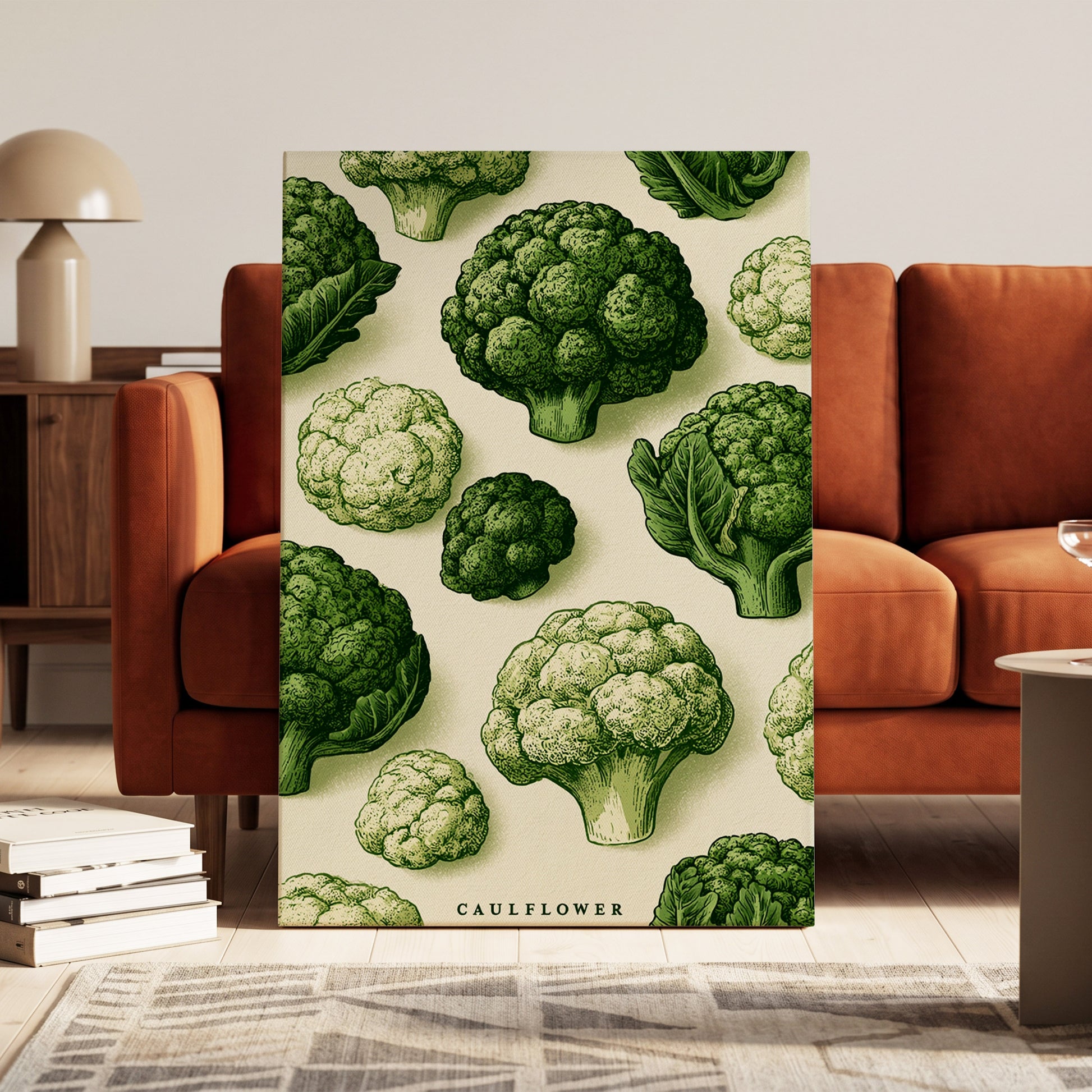 Cauliflower Study, green, beige, white nature wall art on canvas displayed in a styled interior, gallery view 1