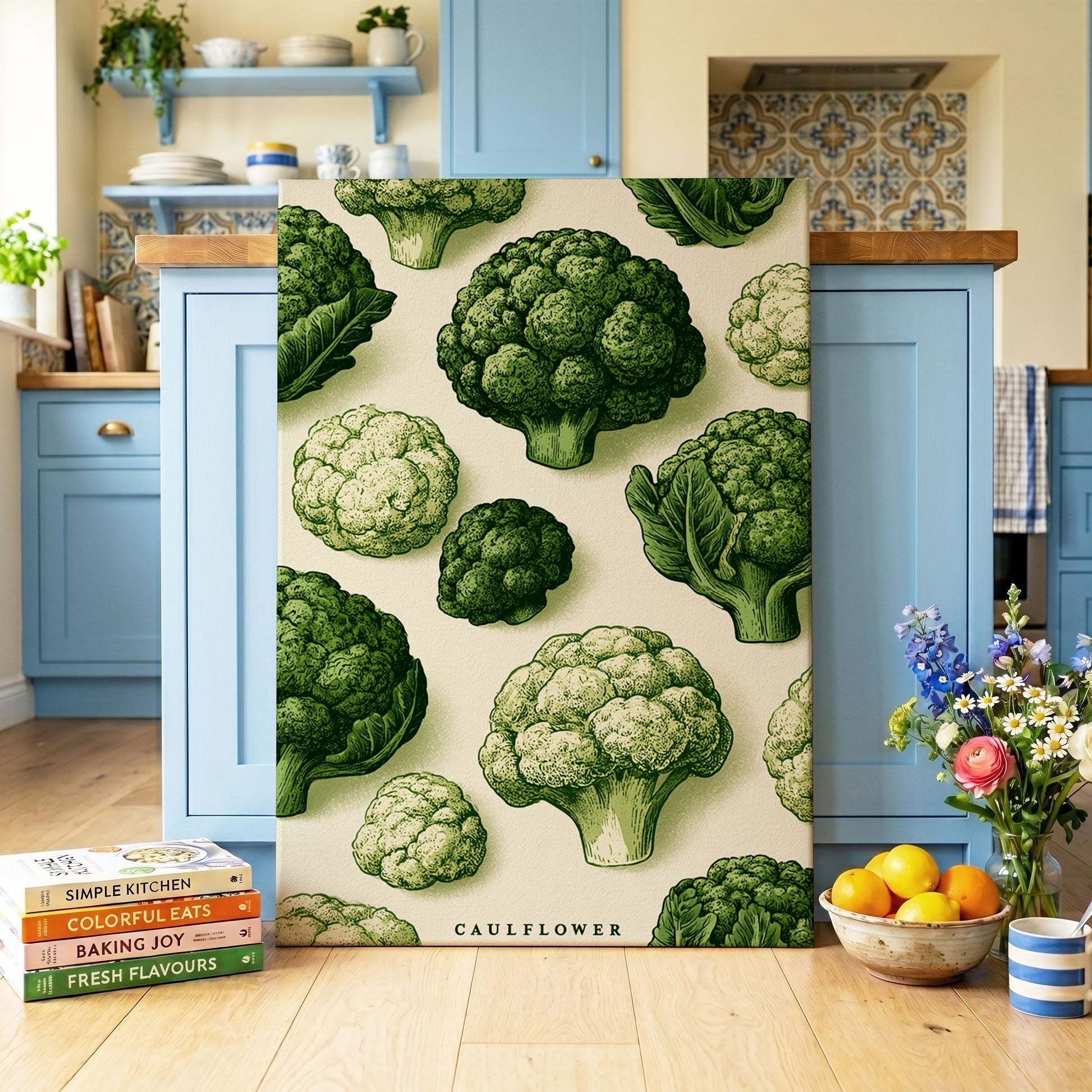 Cauliflower Study, green, beige, white nature wall art on canvas displayed in a styled interior, gallery view 2