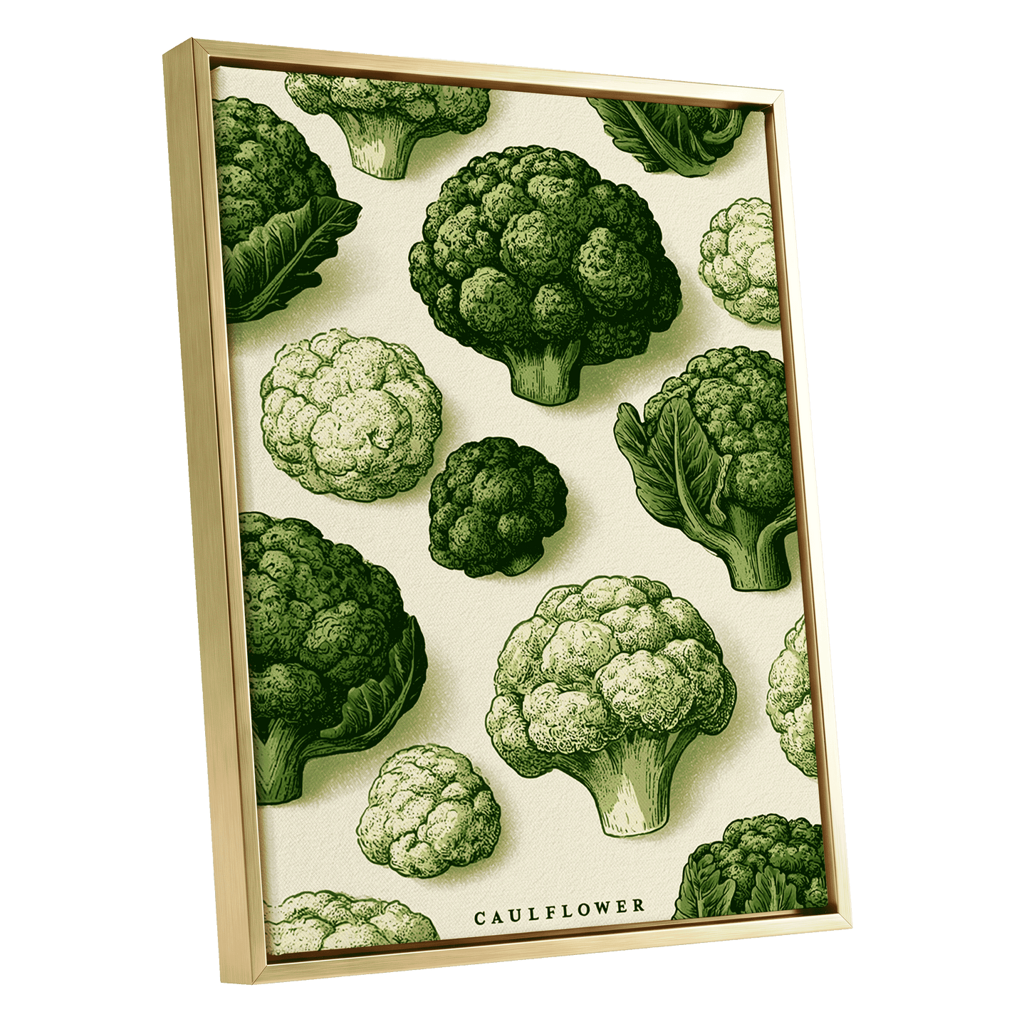 Cauliflower Study, green, beige, white nature wall art shown as a gold framed canvas wall art