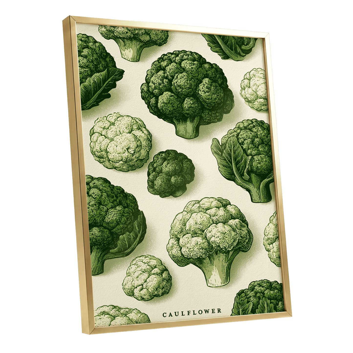 Cauliflower Study, green, beige, white nature wall art shown as a gold framed poster wall art print