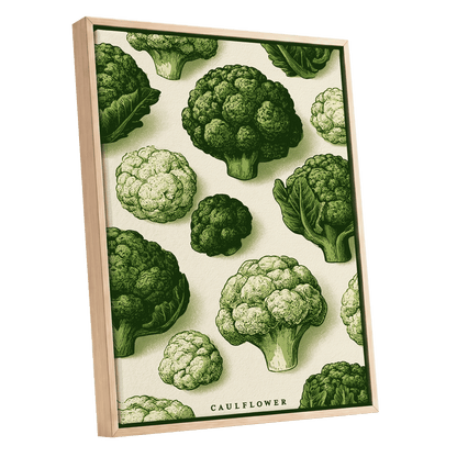 Cauliflower Study, green, beige, white nature wall art shown as a oak framed canvas wall art