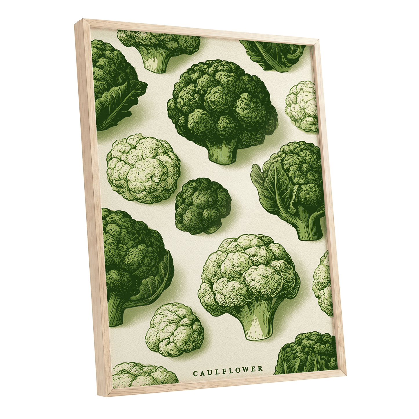 Cauliflower Study, green, beige, white nature wall art shown as a oak framed poster wall art print