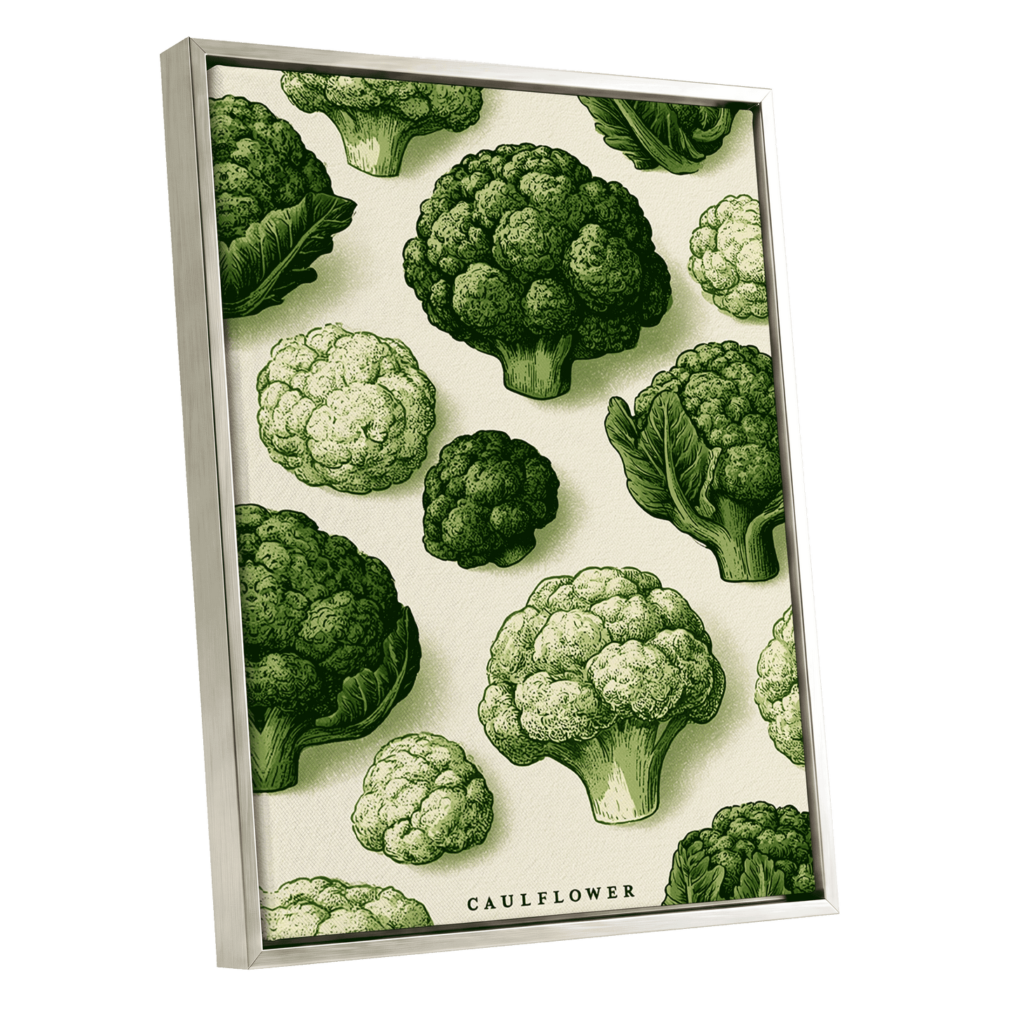 Cauliflower Study, green, beige, white nature wall art shown as a silver framed canvas wall art