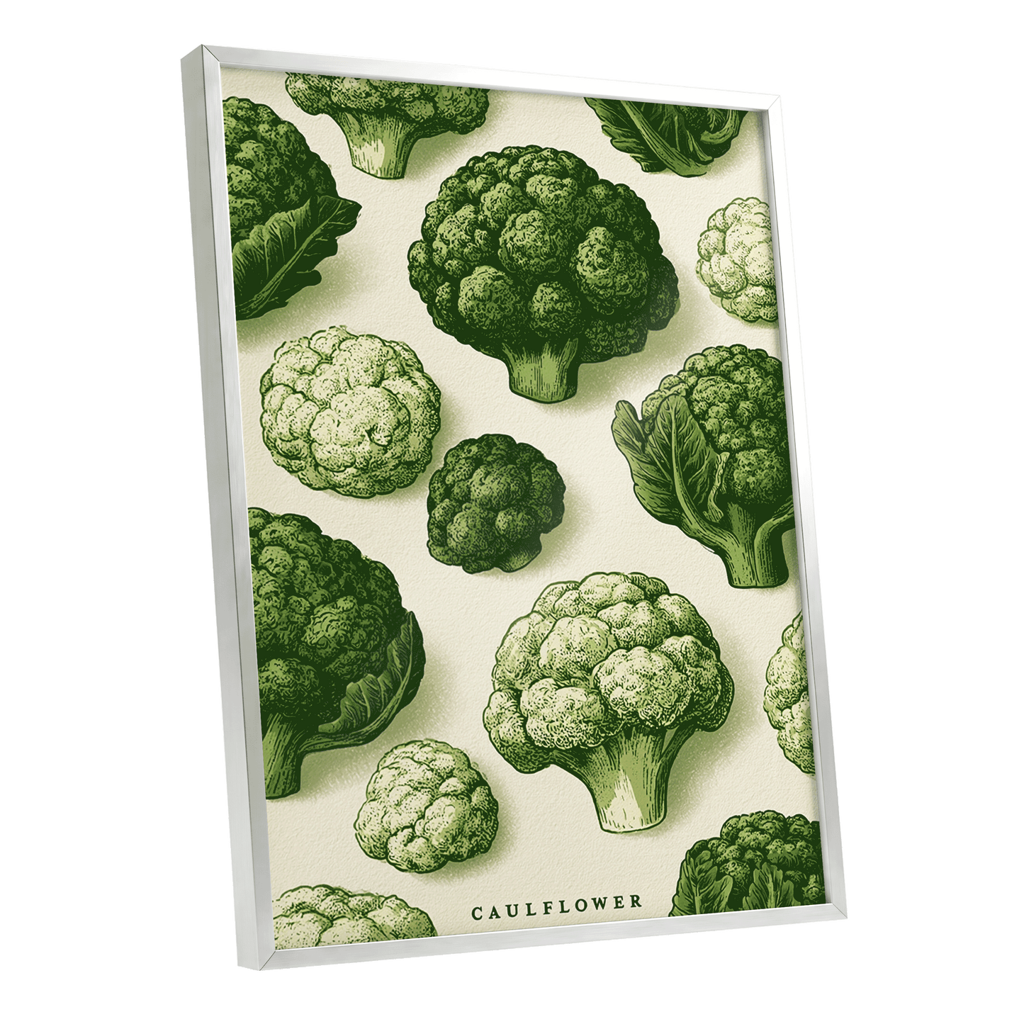 Cauliflower Study, green, beige, white nature wall art shown as a silver framed poster wall art print