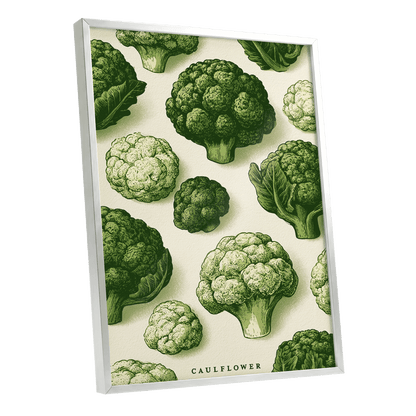 Cauliflower Study, green, beige, white nature wall art shown as a silver framed poster wall art print