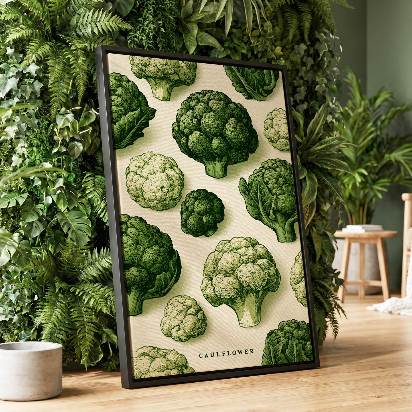 Cauliflower Study, green, beige, white nature wall art displayed in a styled interior, gallery view 1