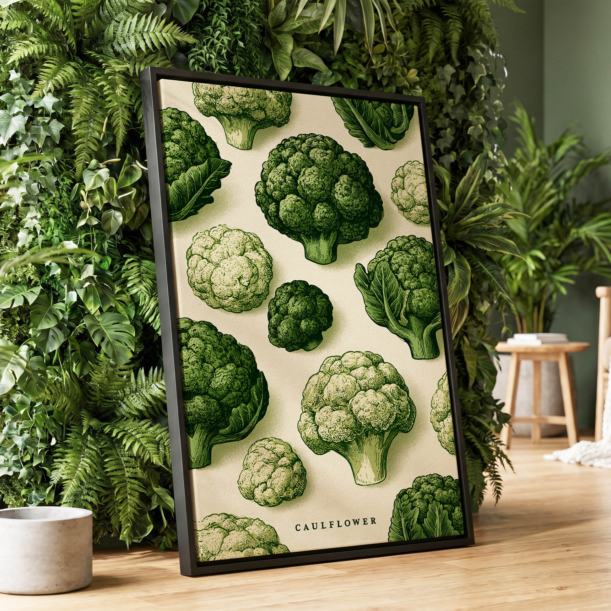 Cauliflower Study, green, beige, white nature wall art displayed in a styled interior, gallery view 1