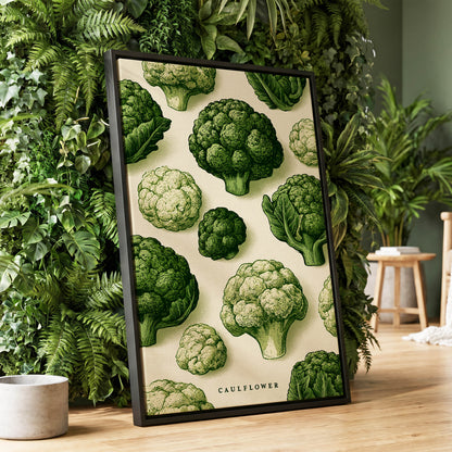 Cauliflower Study, green, beige, white nature wall art displayed in a styled interior, gallery view 1