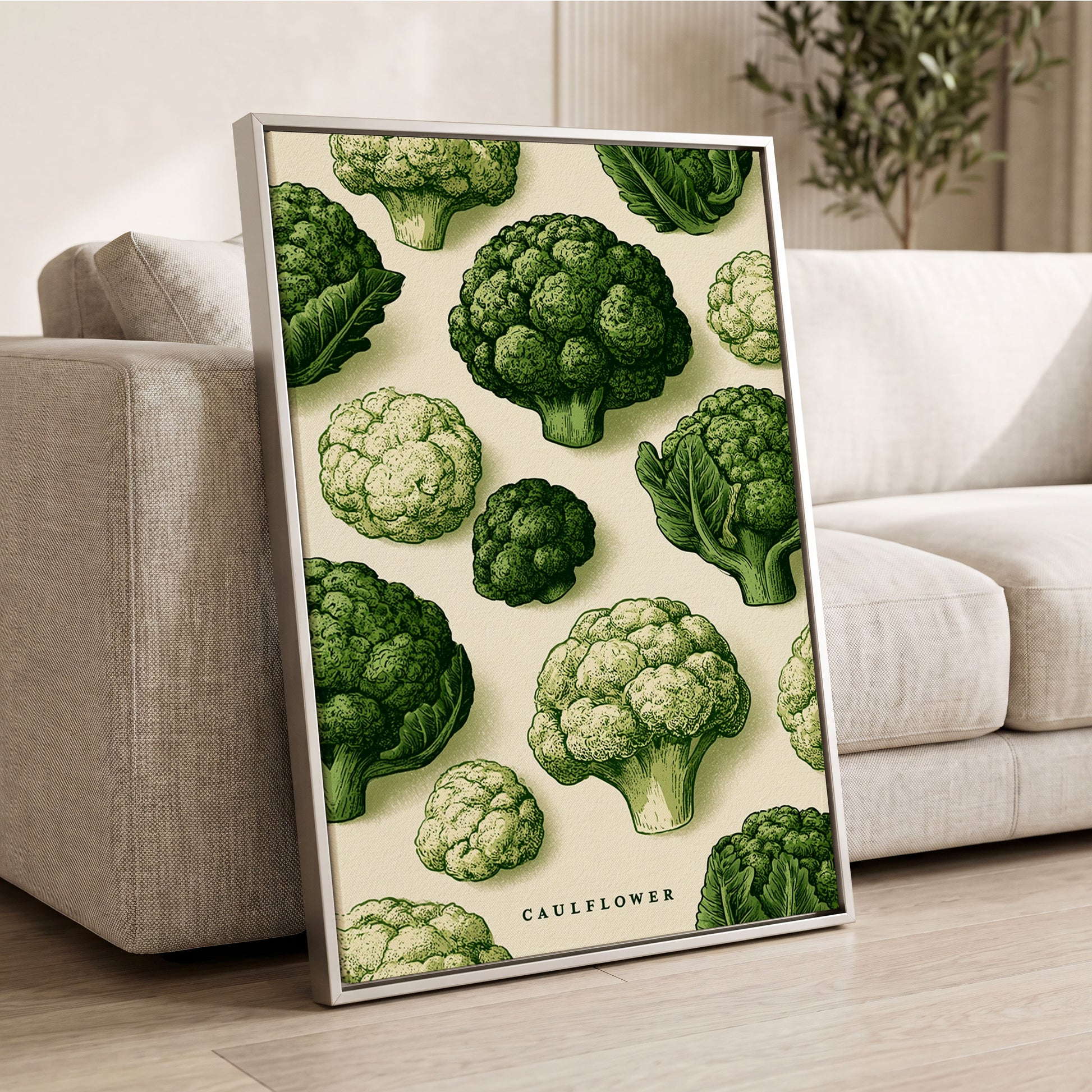 Cauliflower Study, green, beige, white nature wall art displayed in a styled interior, gallery view 2