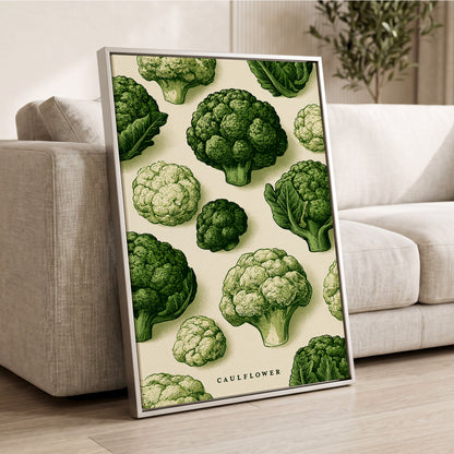 Cauliflower Study, green, beige, white nature wall art displayed in a styled interior, gallery view 2