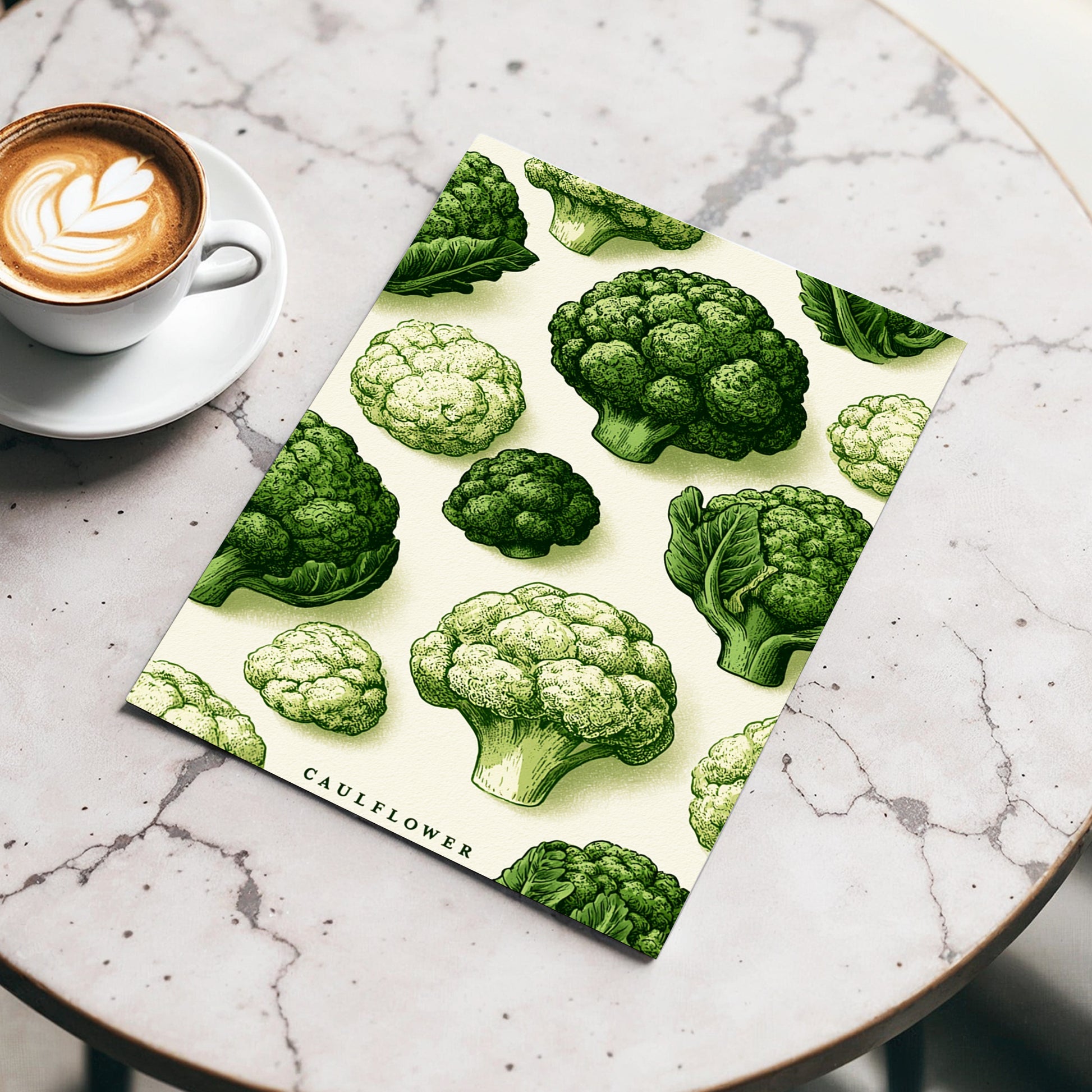 Cauliflower Study, green, beige, white nature wall art displayed in a styled interior, gallery view 3