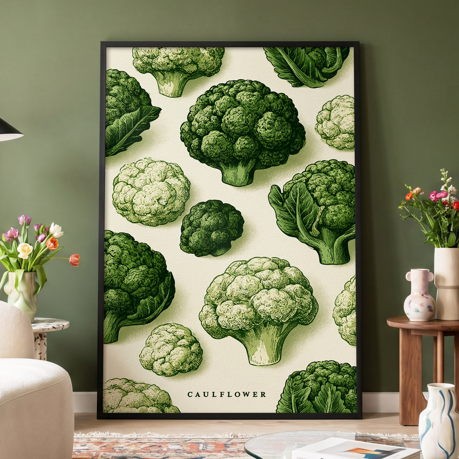 Cauliflower Study, green, beige, white nature wall art displayed in a styled interior, gallery view 4