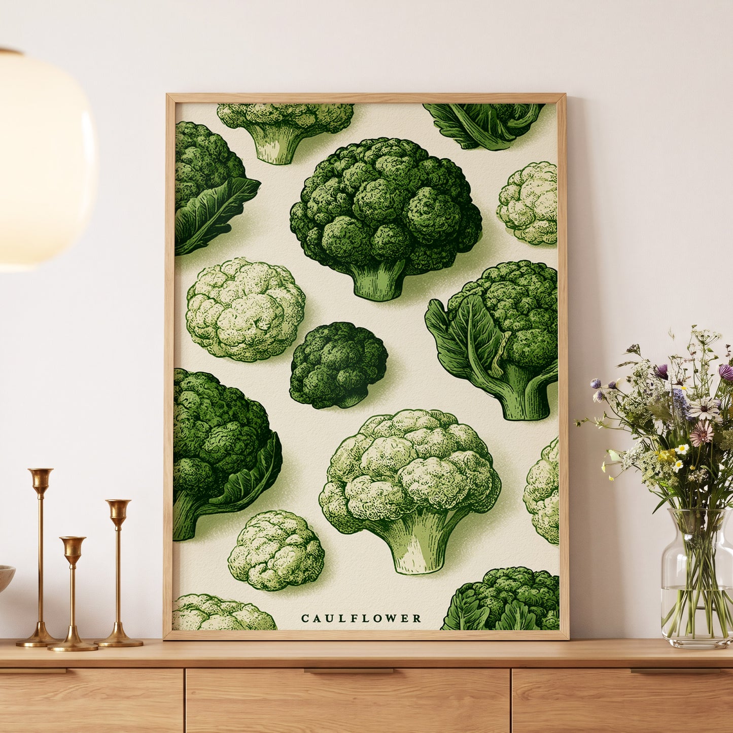 Cauliflower Study, green, beige, white nature wall art displayed in a styled interior, gallery view 5