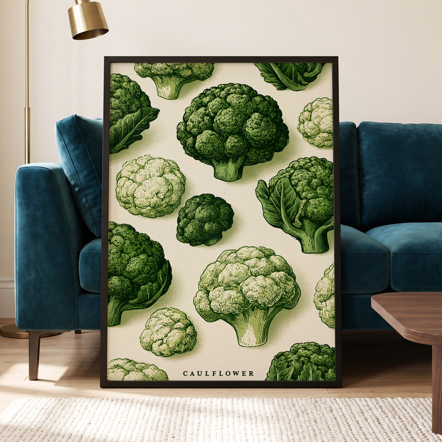Cauliflower Study, green, beige, white nature wall art displayed in a styled interior, gallery view 6