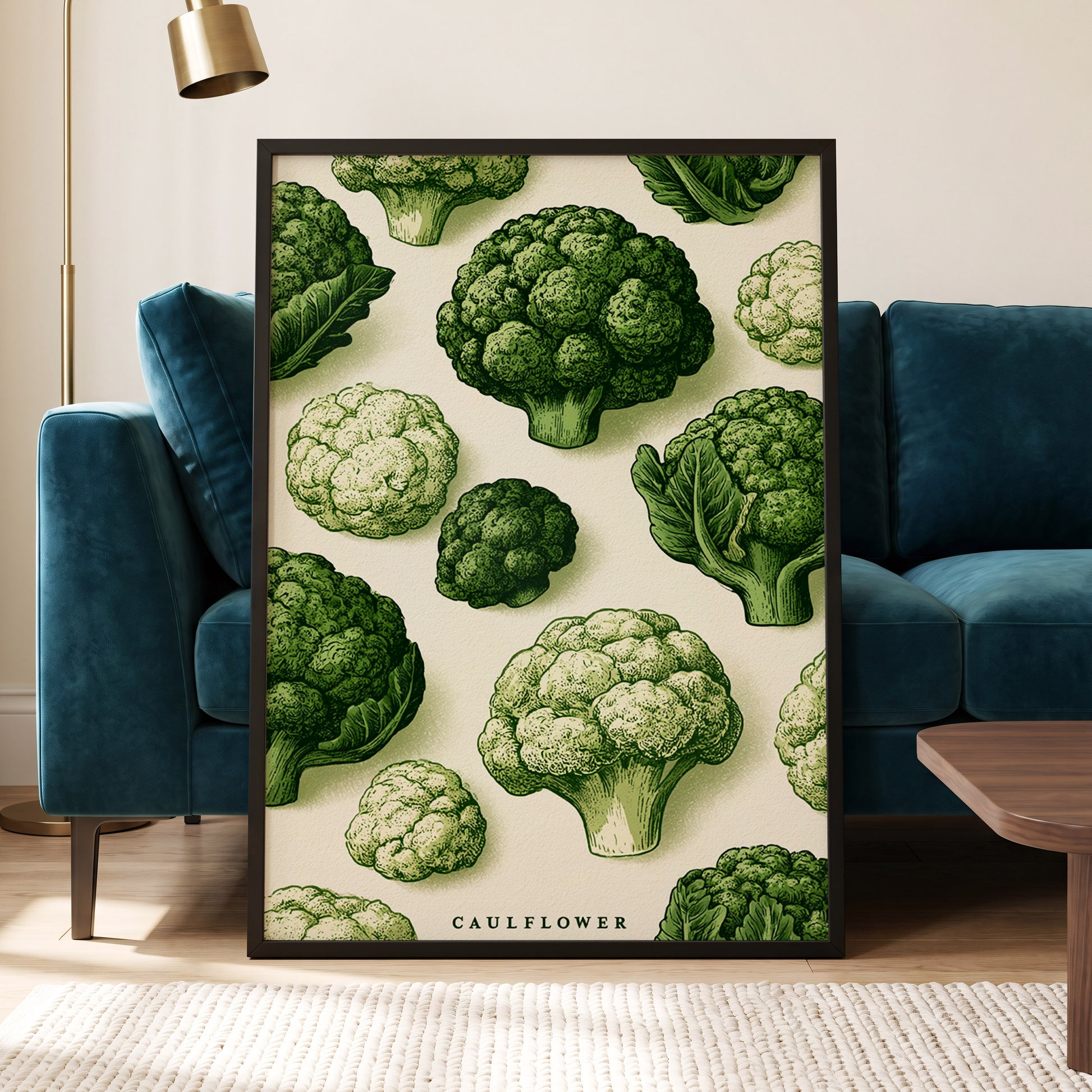 Cauliflower Study, green, beige, white nature wall art displayed in a styled interior, gallery view 6